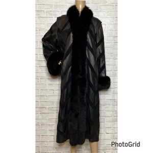 Philippe Vallereuil vintage black leather fur chevron long coat